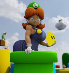 1girls 3d ass ass_focus bubble_butt legs legs_up luigi_(cosplay) mario_(series) orange_hair overalls princess_daisy side_view tan_body thick_thighs thighs vensaku voluptuous voluptuous_female wide_hips