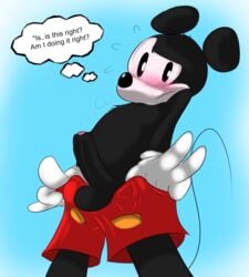 1boy balls blush dialogue disney foreskin grandschemetheme looking_at_viewer male male_only mammal mickey_mouse mouse partially_retracted_foreskin penis presenting rodent solo standing text uncut