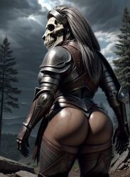 1girls ai_generated armor armored_female ass ass_focus back_view bare_ass big_ass big_butt breastplate brown_skin brown_skinned_female bubble_ass bubble_butt butt_focus clouds cloudy_sky dark-skinned_female dark_skin death_knight exposed_ass fantasy female female female_focus female_only from_behind gauntlets gray_hair grey_hair hips large_ass large_butt leather_straps long_hair looking_to_the_side magnumdawn medieval medieval_armour oc original original_character outdoors outside pauldrons photorealistic pine_tree rear_view red_eyes rock skimpy skimpy_armor skimpy_clothes skull skull_head skull_mask sky solo solo_female solo_focus stable_diffusion standing stretch_marks thick_thighs thighs tree trees turning_head undead warrior wide_hips