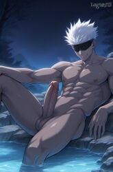 abs ai_generated at_night balls blindfold blindfolded erection jujutsu_kaisen large_penis leaning_back legnarti male_only muscular muscular_male naked nipples outdoors pectorals pubic_hair relaxing satoru_gojo sitting smirk solo_male steaming_body white_hair