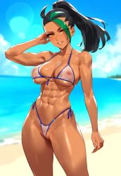 1girls abs ai_generated bare_arms bare_legs bare_shoulders bare_thighs beach big_breasts big_penis bikini bikini_bottom bikini_top black_hair clothed clothing color female female_focus female_only fit_female game_freak hi_res looking_at_viewer muscles muscular muscular_female nemona_(pokemon) nintendo pokemon pokemon_sv pokemon_trainer sand sea solo solo_female thick_thighs water