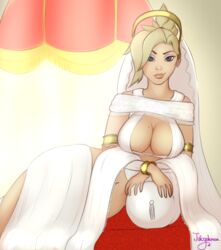 1girls blizzard_entertainment breasts cleavage cosplay dark_souls female female_only fromsoftware juicydemon large_breasts mercy navel overwatch queen_of_sunlight_gwynevere_(cosplay) solo