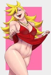 1girls arrogant blonde_female blonde_hair breasts child_bearing_hips clothed clothing dress dress_lift earrings female female_only light-skinned_female limn044 long_hair open_mouth panty_&_stocking_with_garterbelt panty_anarchy piercing pubic_hair red_dress showing_pussy smile solo tongue tongue_out