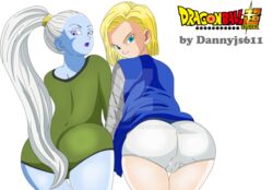 2girls android_18 angel angel_(dragon_ball) artist_name ass back_view beige_skin blonde_hair blue_eyes blue_skin curvy dannyjs611 dat_ass dragon_ball dragon_ball_super female female_only fully_clothed human interspecies looking_at_viewer looking_back multiple_females multiple_girls open_mouth ponytail purple_eyes purple_lips shounen_jump vados white_background white_hair white_panties