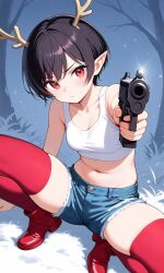 ai_generated antlers beach black_hair elf_ears eye_contact female gloves pixie_cut red red_eyes red_gloves seductive_expression short_hair smirk smug_expression stripper teasing usebackdooronly