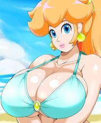 1girls beach bikini bikini_top blonde_hair blue_eyes breasts bursting_breasts busty cleavage earrings exhibitionism female female_only hair_down high_resolution huge_breasts human jewelry large_breasts lipstick looking_at_viewer makeup mario_(series) nintendo outdoors palette_swap ponytail princess_peach smile solo speeds swimsuit tied_hair voluptuous