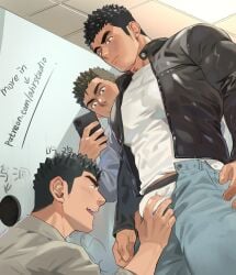 3boys advertisement big_bulge black_eyes black_hair blush brown_hair bulge bulge_through_clothing ceiling ceiling_light cellphone chinese_text duo duo_focus dutch_angle gay grabbing group hand_on_crotch handjob happy hi_res holding_object holding_phone hole_in_wall indoors jacket kneeling kneeling_oral_position looking_at_another looking_down looking_pleasured low-angle_view male male/male male_only mature_male open_clothes original original_character pants_down pecs recording short_hair smartphone spiky_hair standing text thick_eyebrows toilet vandalism yaoi youchi123 zheng_yu
