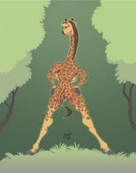 2016 anthro ass big_breasts blue_eyes breasts female giraffe hands_on_hips hooves looking_away mammal nude pussy solo spotty_the_cheetah standing tree