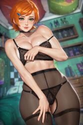 ben_10 black_bra black_panties breasts earrings female female_focus female_only freckles freckles_on_shoulders green_eyes gwen_tennyson hip_bones hips human medium_breasts neoartcore orange_hair pantyhose posing sexy_body sexy_clothing sexy_pose short_hair shoulders smiling standing thick_thighs thighs tight_clothing tight_pussy