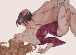 1boy1girl blonde_hair cuddling dragon_age dragon_age_the_veilguard emmrich_volkarin female kissing kissing_breasts male moustache older_man_and_younger_girl partially_clothed rook_(dragon_age) salt_and_pepper_hair zetkun