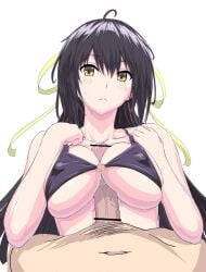 1boy aikawa_shuuko bikini black_hair breasts completely_nude covered_nipples cum cum_on_body doumeguri_kakeru ecstas_online female large_breasts long_hair non-web_source nude ponytail puriketsu03 ribbon swimsuit yellow_eyes yellow_ribbon