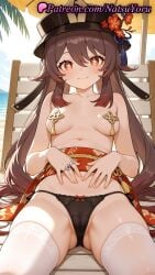 1girls ai_generated anime anime_style areola_slip asian ass_visible_through_thighs bangs bare_shoulders beach beach_chair bikini black_headwear black_nails black_panties blush bow bow_panties breasts breasts_apart brown_hair bust busty cameltoe chair closed_mouth clothes_lift collarbone crotch day female female_focus female_only flower flower-shaped_pupils flowers genshin_impact hair_between_eyes hands_on_own_stomach hat hat_flower hi_res high_quality high_resolution highres hu_tao_(genshin_impact) jewelry lifted_by_self long_hair looking_at_viewer medium_breasts mole multiple_rings natsuyoru navel outdoors panties pantsu partially_visible_vulva pasties patreon plum_blossoms porkpie_hat red_eyes red_flower red_skirt ring sash side-tie_panties sitting skirt skirt_lift small_breasts smile solo solo_female stomach string_panties symbol-shaped_pupils tassel thighhighs thighs topless twintails umbrella underwear very_long_hair voluptuous voluptuous_female white_legwear white_thighhighs