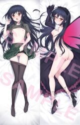 accel_world ass ass_visible_through_thighs bed_sheet black_footwear black_gloves black_hair black_pantyhose blush breasts butterfly_wings censored clothes_lift clothes_pull collared_shirt dakimakura_(medium) elbow_gloves female from_above full_body gloves green_skirt grey_shirt hairband heart heart_censor high_heels highres insect_wings kuroyukihime lifting_own_clothes lolita_hairband long_hair looking_at_viewer lying miniskirt navel nipples nude on_back on_side open_mouth pantyhose pantyhose_pull pleated_skirt pumps red_eyes red_wings sample_watermark school_uniform shirt shirt_lift short_sleeves skirt skirt_lift small_breasts solo straight_hair taro_(ultrataro) thigh_gap umesato_middle_school_uniform very_long_hair watermark wing_collar wings