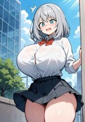 ai_generated blue_eyes female huge_breasts schoolgirl_uniform shoulder_length_hair silver_hair teamrocktgrl tejina_senpai tejina_senpai_(character) tejina_senpai_(series) thick_thighs