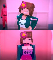 1girls 3d big_breasts blue_eyes blush breasts brown_hair eyelashes female female_focus female_only frown jenny_belle_(slipperyt) looking_at_viewer meme mine-imator minecraft slipperyt smile squid_game tagme_(artist) unsmiling_seong_gi-hun_(meme)