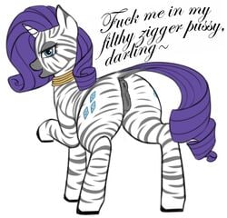 1girls 2016 anatomically_correct anatomically_correct_pussy animal_genitalia animal_pussy anus ass blue_eyes cutie_mark english_text equine equine_pussy female feral friendship_is_magic fur hair horn hybrid jewelry looking_at_viewer looking_back mammal my_little_pony necklace presenting purple_hair pussy raceplay racism rarity_(mlp) simple_background slur solo systematic text the_n_word unicorn white_background white_fur zebra zebradom zippysqrl