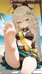 1girls ai_generated anime anime_style asian bangs bare_legs bare_shoulders barefoot beach beach_chair beach_umbrella bikini bikini_skirt black_bikini black_gloves blonde_hair blue_sky blush bow breasts bust busty cameltoe crossed_bangs day drill_hair elbow_gloves feet female female_focus female_only fetish foot_fetish foot_focus foot_out_of_frame foot_up foreshortening genshin_impact gloves green_eyes grin hair_between_eyes hair_ornament hairbow hairclip hentai hi_res high_ponytail high_quality high_resolution highres kirara_(genshin_impact) leg_up legs long_hair looking_at_viewer medium_breasts natsuyoru ocean outdoors panties patreon ponytail pov_feet presenting_foot sitting skirt sky small_breasts smile soles solo solo_female swimsuit thighs toes umbrella underwear voluptuous voluptuous_female water