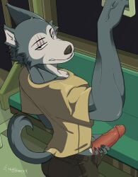 animated anthro beastars big_penis bottomwear canid canine canis clothed clothing erection eye_scar facial_scar fur genitals grey_body grey_fur humanoid_genitalia humanoid_penis legoshi_(beastars) male mammal masturbation notched_ear oursweetlove pants penile penile_masturbation penis public_masturbation public_transportation rapid_transit scar shirt short_playtime solo t-shirt topwear train vehicle wolf