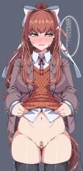 ass_visible_through_thighs bandaid breasts clothing dirtypaprika doki_doki_literature_club green_eyes long_hair monika_(doki_doki_literature_club) motion_lines navel taped_pussy text thick_thighs thigh_gap thigh_highs thighs translation_request