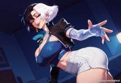 ai_generated balecxi black_hair black_jacket blue_eyes choker cleavage earrings elbow_gloves female fingerless_gloves gloves heterochromia jewelry large_breasts looking_at_viewer luna_snow luna_snow_(marvel_rivals) marvel marvel_rivals navel short_hair short_shorts solo two-tone_hair white_hair white_shorts yellow_eyes