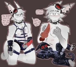 dogteeth goggles goggles_on_head harness latex_bodysuit latex_suit male_only oc piercings shy small_breasts spiked_wristband strap-on teats titjob vibrator