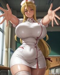 1girl ai_generated anime_style blonde_hair cleavage curvy grippyai high_quality huge_breasts long_hair looking_at_viewer outdoors park ponytail shiny_skin smile thick_thighs white_dress yellow_eyes