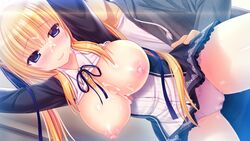 1boy bent_over blonde_hair blue_eyes blush breasts breasts_out cum cum_on_body cum_on_breasts cum_on_upper_body facial female game_cg hair_ribbon large_breasts long_hair looking_back nipples panties pink_panties pussy_juice ribbon sakuragi_roofolet_ashe school_uniform skirt smile tied_hair twintails underwear utsunomiya_tsumire wagamama_high_spec wet wet_clothes wet_panties