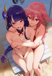 2girls 3girls ai_generated beach bikini blush breasts covering_breasts female female_only femdom genshin_impact looking_at_viewer lumine_(genshin_impact) mouth_hold nai_diffusion nude nude_female open_mouth pink_hair purple_eyes raiden_shogun sitting stable_diffusion submissive yae_miko yuri