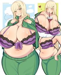 1girls blonde_hair blush chubby chubby_belly chubby_female female female_only gigantic_breasts huge_breasts human massive_breasts noiretox senran_kagura solo solo_female sweat top_heavy voluptuous yomi_(senran_kagura)