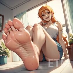 ai_feet ai_generated bad_anatomy clothing etm_ai female female_only foot_fetish nami_(one_piece) one_piece sweaty_feet wrong_feet