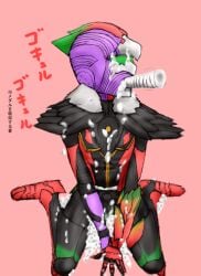 1boy ankh_(kamen_rider_ooo) bird bukkake claws cum cum_on_body cum_on_face demon demon_boy demon_hands facing_away facing_away_from_viewer green_eyes hawk japanese_text kamen_rider kamen_rider_ooo_(series) kneeling legs_apart legs_spread male male_focus male_only medal medals monster monster_boy on_ground onomatopoeia oral oral_penetration simulated_bukkake simulated_facial simulated_fellatio solo stick suggestive suggestive_fluid text translated variant_set w_sitting