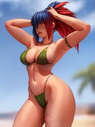 1girls azuma_yasuo azumaarts bare_arms bare_shoulders bare_skin big_breasts bikini bikini_bottom bikini_top blue_eye blue_hair breasts busty female female_focus female_only fit fit_female heterochromia king_of_fighters large_breasts leona_heidern light-skinned_female light_skin long_hair looking_at_viewer navel panties ponytail red_eye red_hair snk solo solo_female solo_focus swimsuit thick_thighs thighs