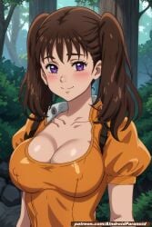 ai_generated aindroidparanoid big_breasts blush breasts brown_hair diane_(nanatsu_no_taizai) forest huge_breasts large_breasts nanatsu_no_taizai nipples outdoors purple_eyes seven_deadly_sins short_hair stable_diffusion the_seven_deadly_sins titjob twintails
