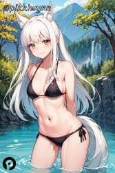 ai_generated animal_ear_fluff animal_ears arknights arms_behind_back ass_visible_through_thighs bangs bare_shoulders bikini black_bikini blue_sky blush breasts brown_eyes cleavage closed_mouth collarbone cowboy_shot day extra_ears female halterneck horse_ears horse_tail long_hair looking_at_viewer medium_breasts navel outdoors pikkiwynn platinum_(arknights) side-tie_bikini_bottom sidelocks sky smile solo standing stomach string_bikini swimsuit tail thighs tree very_long_hair wading water white_hair yellow_eyes