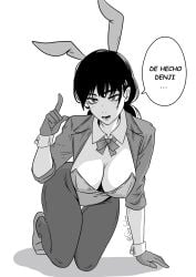 animal_ears big_breasts black_and_white black_hair breasts bunny_ears bunnysuit chainsaw_man clothed_female dialogue female female_only gato_gratam leotard mentioned_character mitaka_asa nerdy_female playboy_bunny spanish_text