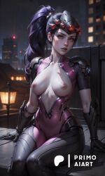 ai_generated armor blizzard_entertainment bodysuit breasts_exposed breasts_out breasts_out_of_clothes colored_skin headgear long_hair nipples overwatch overwatch_2 ponytail primo_aiart purple_hair purple_skin shoulder_pads skinny slender_body solo solo_female video_games widowmaker yellow_eyes