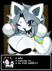 1girls 2024 anthro big_breasts bra breasts collar curly_hair dialogue ear eyelashes female front_view grey_hair huge_breasts long_hair muff1n shirt_lift spiked_collar striped_clothing striped_shirt tail tem temmie temmie_(undertale) text_box topwear undertale undertale_(series) white_body white_fur white_skin wink