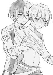 2boys alear_(fire_emblem) alear_(male)_(fire_emblem) alfred_(fire_emblem) black_and_white blush femboy fire_emblem fire_emblem_engage greyscale male male_only monochrome nintendo rororotsu shirt_lift skinny stomach sweat tummy yaoi young