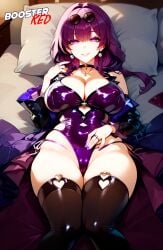 1girls ai_generated bed bedroom black_stockings bodycon boosterred99 bridal_gauntlets cleavage_cutout curvy dress earrings high-waist_shorts honkai:_star_rail kafka_(honkai:_star_rail) large_breasts lying lying_on_back lying_on_bed miniskirt purple_eyes purple_hair purple_pantyhose pussy seductive_smile shirt side-tie_panties sideboob sitting sitting_on_bed smile stockings thick_thighs thighs underboob white_shirt wide_hips