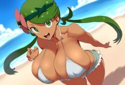 1girls ai_generated alternate_breast_size bikini breasts breasts_bigger_than_head covered_nipples dark-skinned_female dark_skin female female_only green_hair huge_breasts human looking_at_viewer mallow_(pokemon) mullon novelai pokemon pokemon_sm smile solo summer twintails