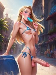 1futa ai_generated balls bikini blonde_hair breasts dickgirl erect_penis erection exhibitionism futa_only futanari intersex large_penis looking_at_viewer makychan medium_breasts mostly_clothed outdoors outside partially_clothed penis penis_out popsicle popsicle_melting precum precum_drip presenting_penis public public_nudity sucking swimsuit