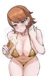 atlus bikini blushed brown_hair female flustered golden_bikini hi_res holding_ice_cream holding_object ice_cream large_breasts looking_at_viewer nero_watch persona persona_3 sega voluptuous voluptuous_female yukari_takeba