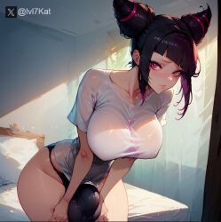 1futa ai_generated big_breasts big_penis black_hair black_panties bulge futa futa_only futanari hair_horns hi_res high_resolution highres juri_han lvl7kat penis pink_eyes street_fighter street_fighter_6 wet white_shirt