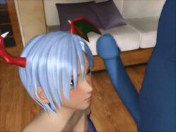 3d animated animated_gif aqua_eyes blue_hair clothing darkstalkers demon_girl female flat_chest head_wings licking lilith_aensland my_precious oral penis short_hair succubus tongue