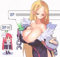 annoyed big_breasts blonde_hair breast_envy breasts cleavage cleric_(disgaea) disgaea elf_ears female huge_breasts inkuusan large_breasts long_hair mage_(disgaea) nippon_ichi_software pink_hair pointy_ears stats