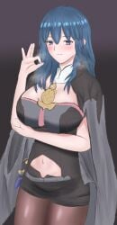 1girls arm_under_breasts bare_arms bare_midriff blue_eyes blush bodice breasts byleth_(fire_emblem) byleth_(fire_emblem)_(female) dagger fellatio_gesture female female_only fire_emblem fire_emblem:_three_houses fukufukushinken gesture heavy_breathing large_breasts long_hair looking_at_viewer midriff navel nintendo pantyhose shorts smile solo teal_hair thighs weapon