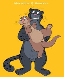 2boys anthro balls black_jaguar brown_eyes disney duo emmitt_otterton feline gay green_eyes jaguar male male_only mammal mustelid otter penis renato_manchas scar simple_background smile spread_legs spreading wantaro yaoi zootopia