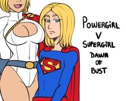 2girls belt big_breasts blonde_hair blue_eyes breast_envy breasts cape cleavage cleavage_cutout clothing clothing_cutout counterpart dc_comics english_text frank_draws head_out_of_frame high_resolution huge_breasts large_breasts leotard looking_at_viewer multiple_girls power_girl short_hair supergirl superhero text white_background