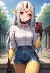 1girls ai_generated blue_submarine_no._6 clothed clouds female female_focus female_only grey_hair iphone looking_at_viewer monster_girl mutio outdoors pointy_ears red_eyes sky solo trees yellow_skin