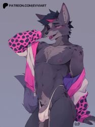 ass balls balls_outline blush bulge canid canine clothed clothing detailed_bulge evvi fluffy fluffy_tail fur genital_outline genitals jacket male mammal markings narrowed_eyes nipples open_clothing open_jacket open_topwear penis penis_outline pointy_ears red_eyes simple_background solo spots spotted_body spotted_fur tail text thong tongue tongue_out topwear underwear url